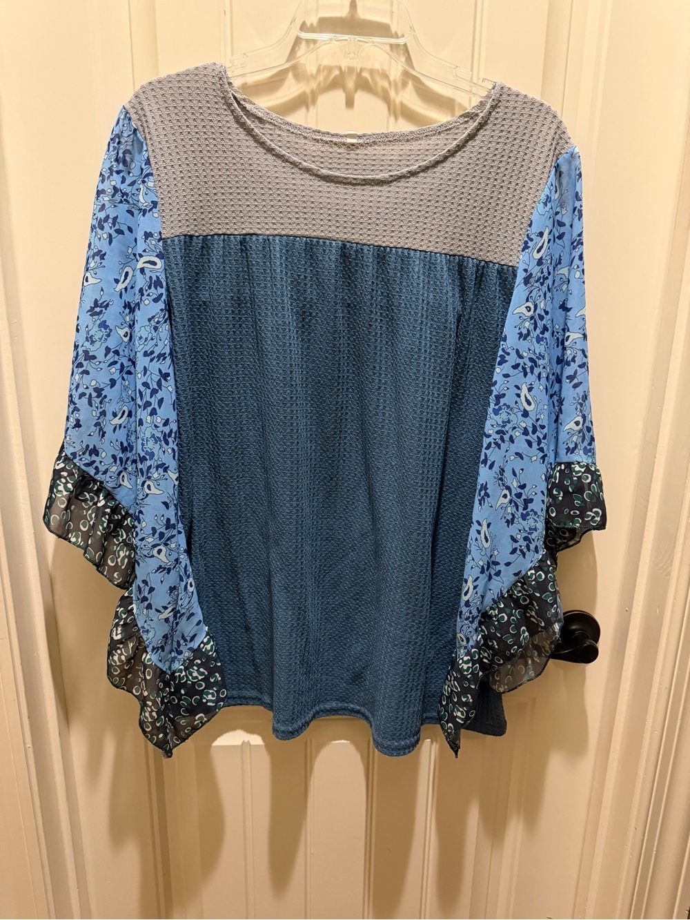 Blue Mixed-Media Women’s Top with Floral Sleeves